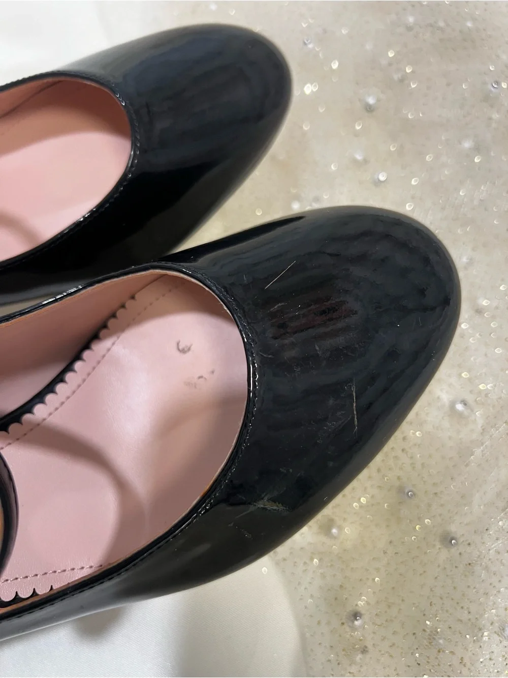 kate spade Black Patent Leather Mary Jane Heeled shoes with Pearl Studs